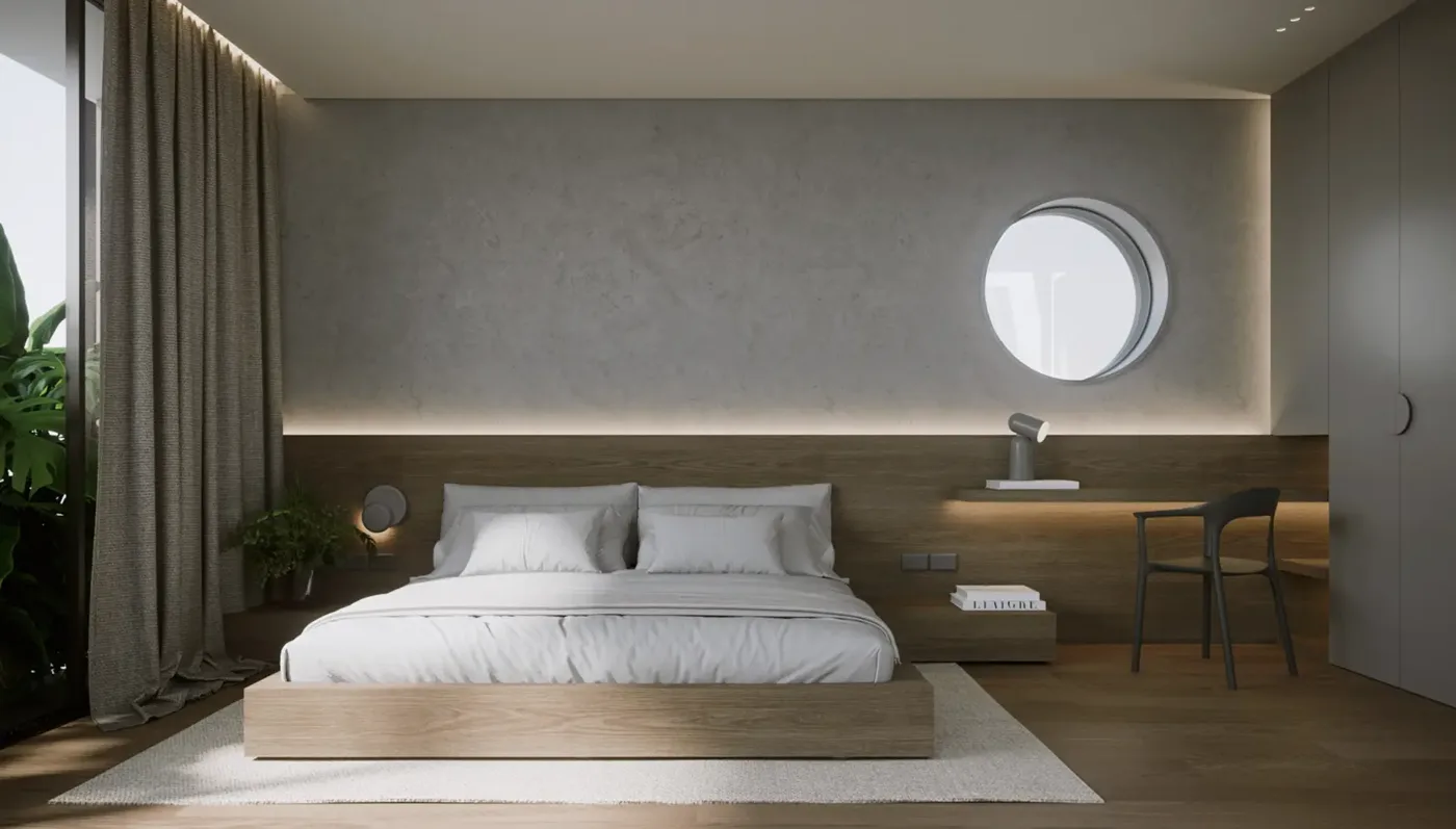 Render: habitación con cama baja de madera, ventana redonda, escritorio y plantas
