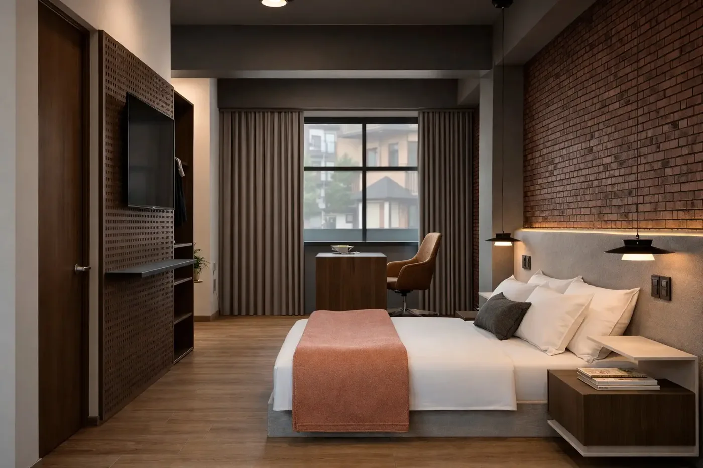 Render: habitación con muro de ladrillo, cama doble, escritorio y ventanal