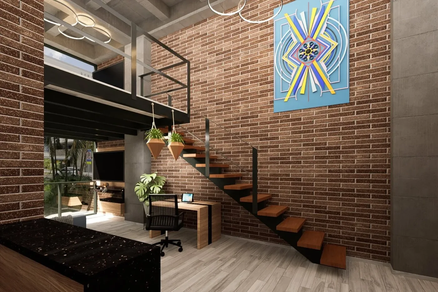 Render: dúplex con muro de ladrillo, escalera metálica y escritorio bajo el mezanine