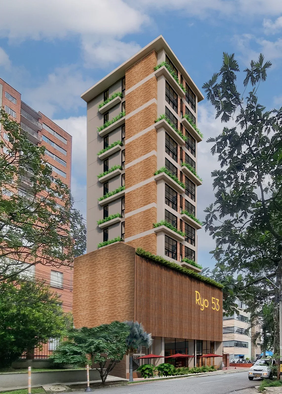 Render: fachada de la torre en ladrillo con jardineras y el letrero Ryo 53 en la base