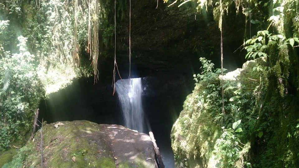 Entrada de la cueva entre rocas cubiertas de musgo y vegetación, con la cascada al fondo
