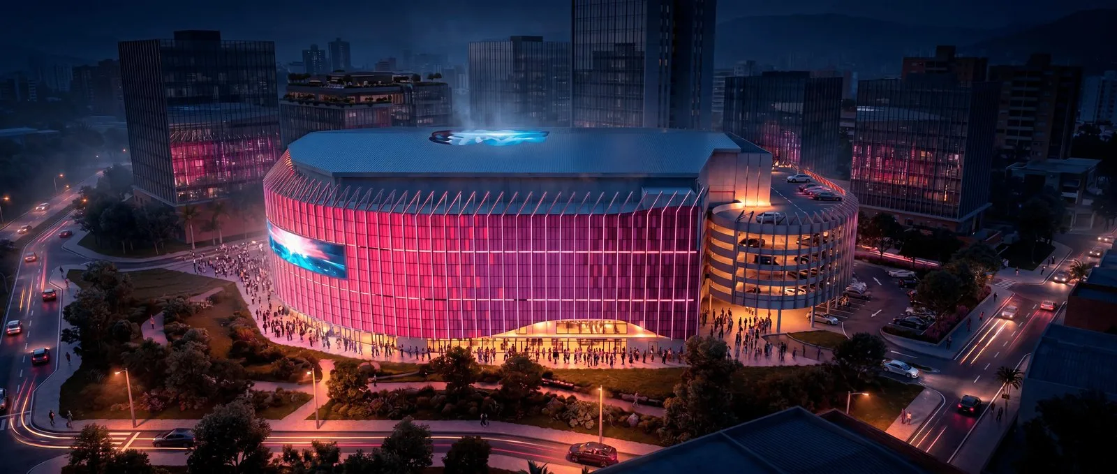 Render nocturno de la DAVIarena iluminada, con público llegando a la entrada