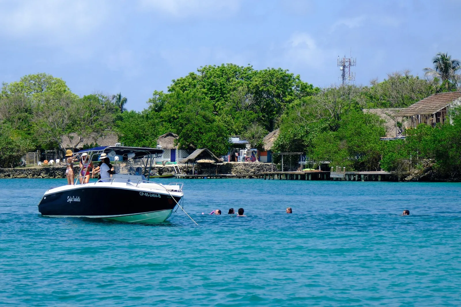 Lancha fondeada frente a un muelle y casas entre árboles en Isla Grande