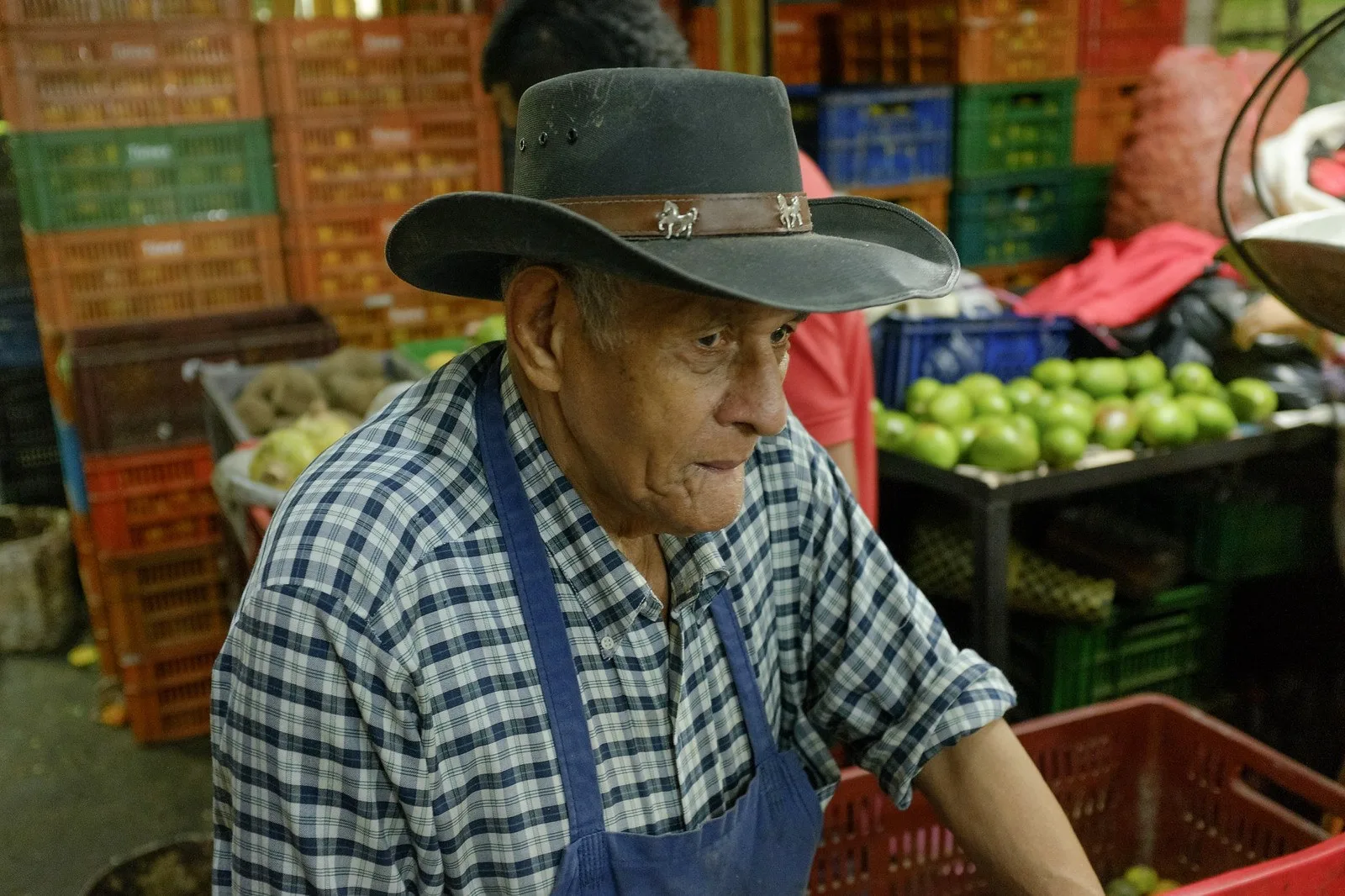Vendedor de frutas con sombrero en la Plaza Minorista