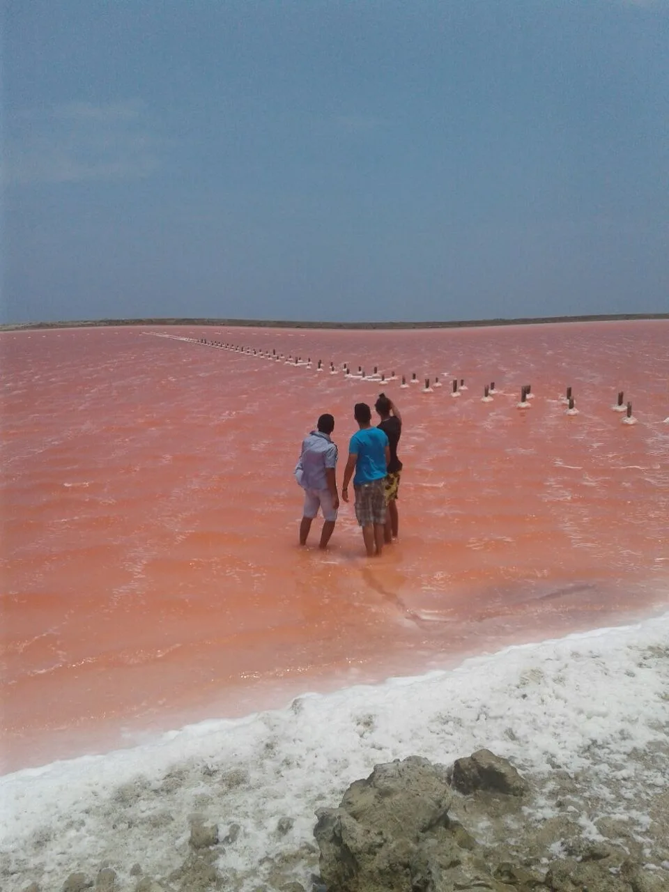 Personas dentro del agua rojiza de las salinas de Galerazamba