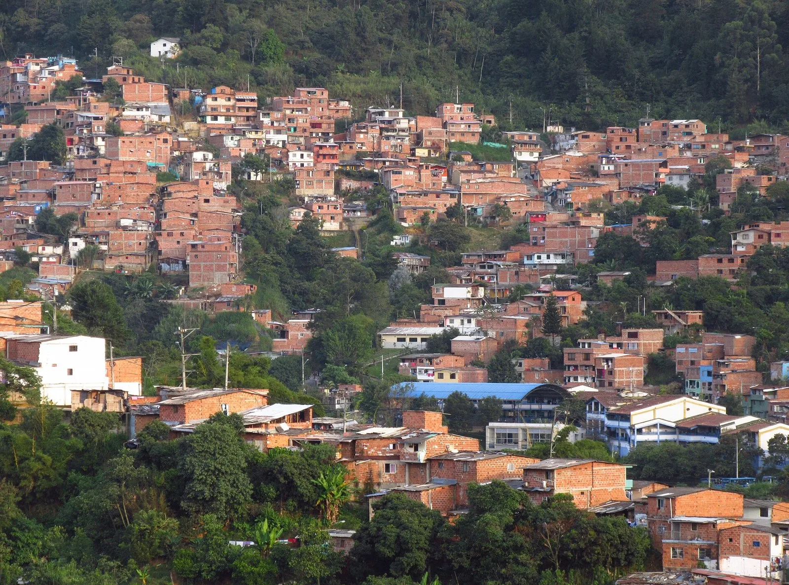 Ladera de los barrios La Sierra y Las Estancias con casas de ladrillo entre árboles