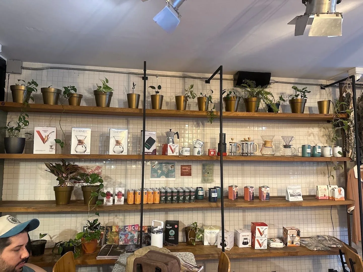 Estantería con plantas, bolsas de café y cafeteras en Urbania Café